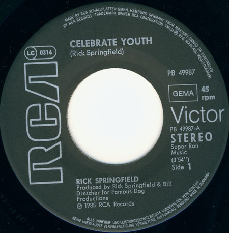 Rick Springfield : Celebrate Youth (7", Single)