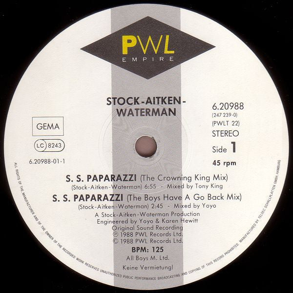 Stock, Aitken & Waterman : S. S. Paparazzi (12", Maxi)