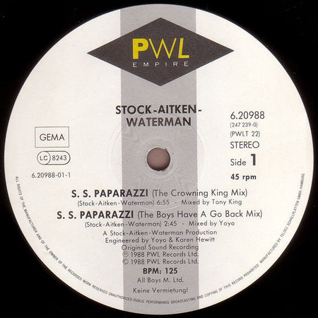 Stock, Aitken & Waterman : S. S. Paparazzi (12", Maxi)
