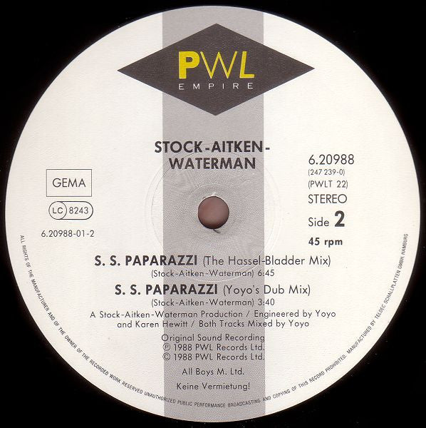 Stock, Aitken & Waterman : S. S. Paparazzi (12", Maxi)