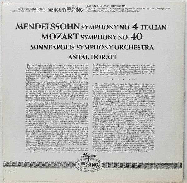 Felix Mendelssohn-Bartholdy / Wolfgang Amadeus Mozart, Minneapolis Symphony Orchestra, Antal Dorati : Symphony No. 4 "Italian" / Symphony No. 40 (LP)