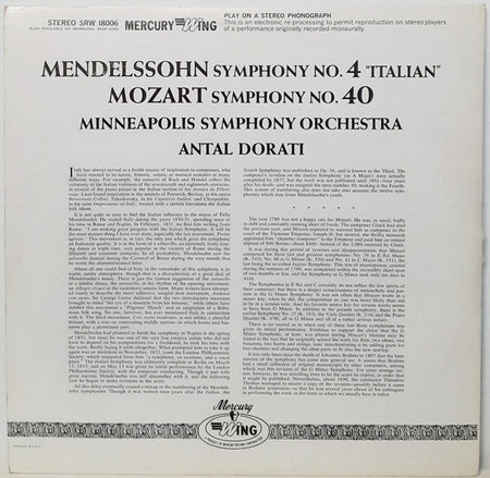 Felix Mendelssohn-Bartholdy / Wolfgang Amadeus Mozart, Minneapolis Symphony Orchestra, Antal Dorati : Symphony No. 4 "Italian" / Symphony No. 40 (LP)