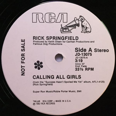 Rick Springfield : Calling All Girls (12", Promo)