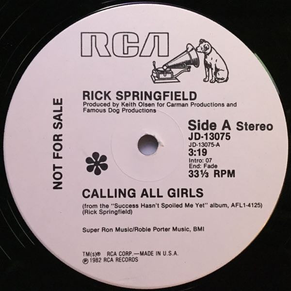 Rick Springfield : Calling All Girls (12", Promo)