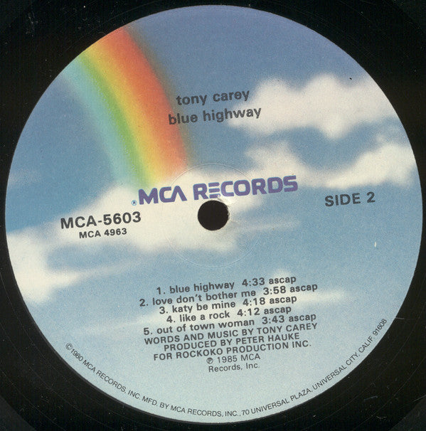Tony Carey : Blue Highway (LP, Album, Glo)