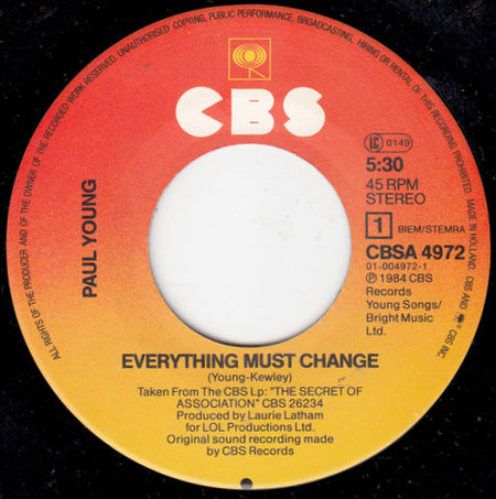 Paul Young : Everything Must Change (7", Single)