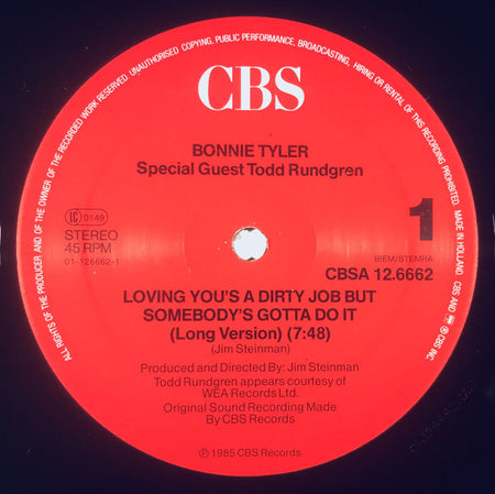 Bonnie Tyler Duet With Todd Rundgren : Loving You's A Dirty Job But Somebody's Gotta Do It (12", Maxi)