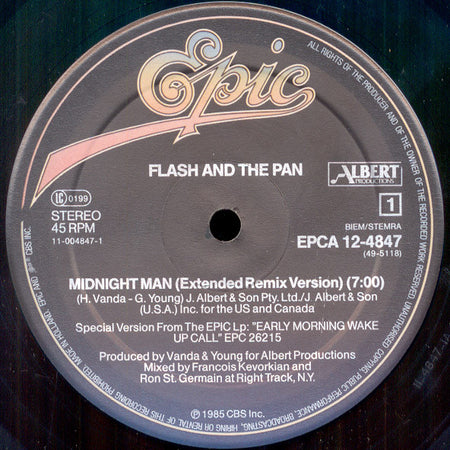 Flash & The Pan : Midnight Man (Extended Remix Version) (12", Maxi)