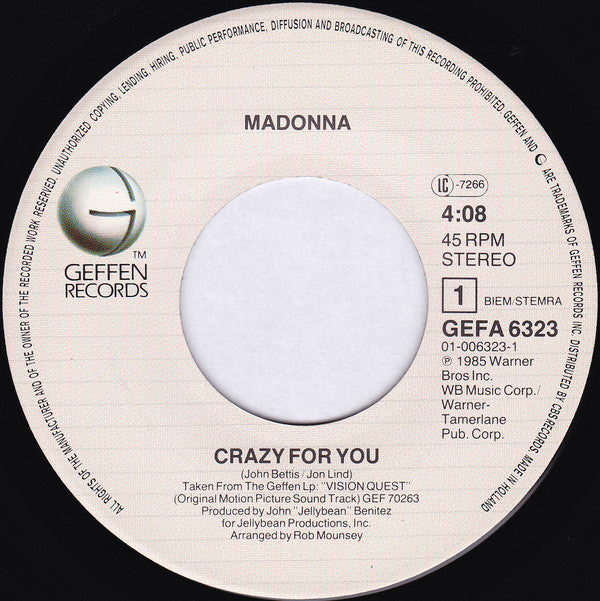 Madonna : Crazy For You (7", Single)