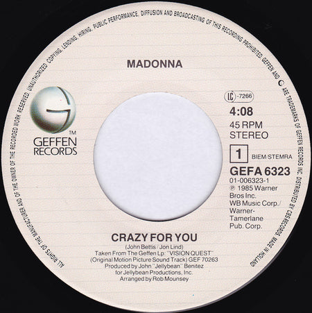 Madonna : Crazy For You (7", Single)