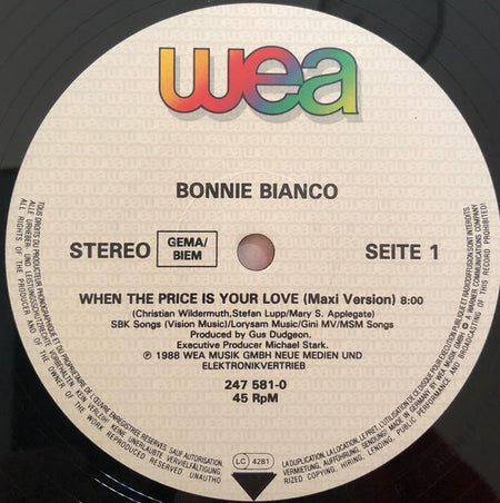 Bonnie Bianco : When The Price Is Your Love (12", Maxi)