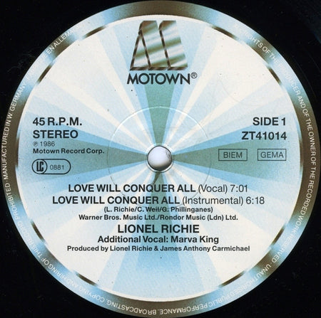 Lionel Richie : Love Will Conquer All (12", Maxi)