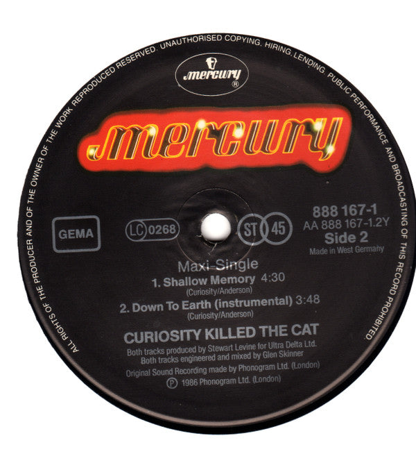 Curiosity Killed The Cat : Down To Earth (Extended Mix) (12", Maxi)