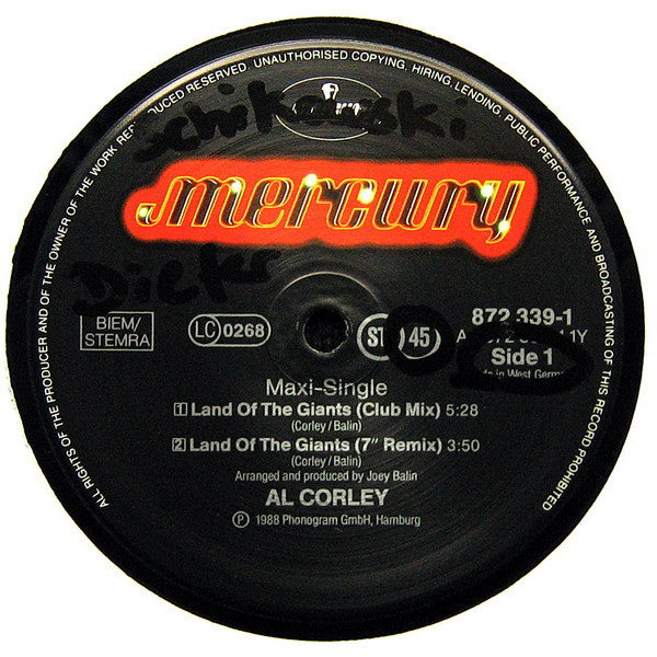 Al Corley : Land Of The Giants (Dance Mixes) (12", Single)