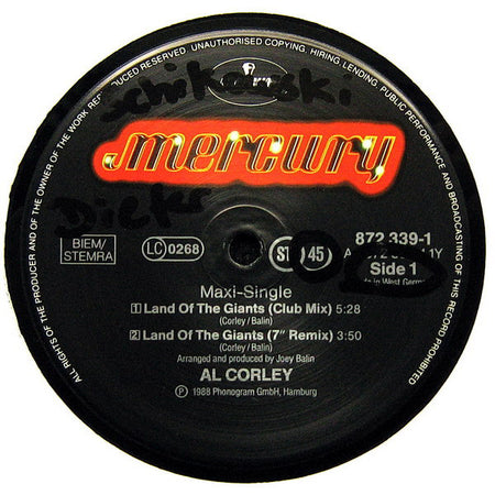 Al Corley : Land Of The Giants (Dance Mixes) (12", Single)