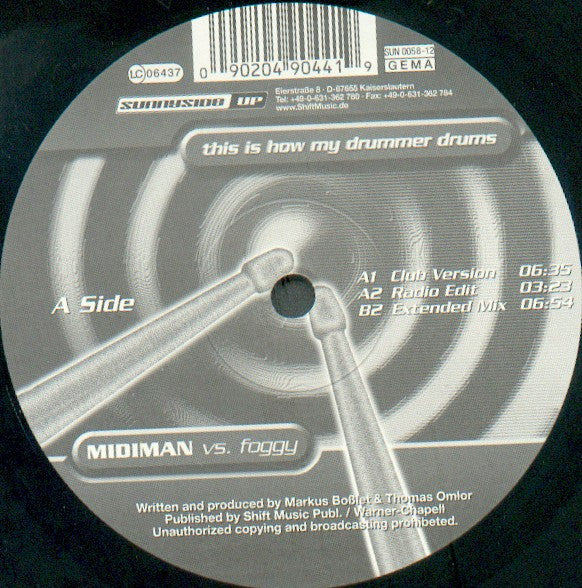 Midiman (3) Vs. Foggy : This Is How My Drummer Drums (12")