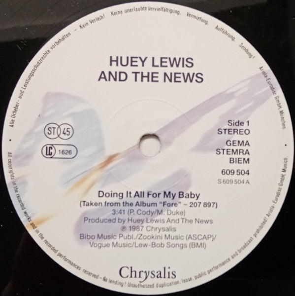 Huey Lewis & The News : Doing It All For My Baby (12", Maxi)