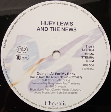 Huey Lewis & The News : Doing It All For My Baby (12", Maxi)