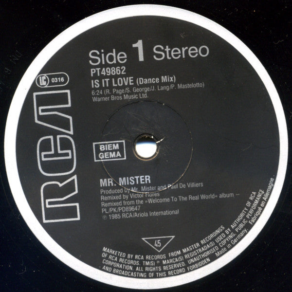 Mr. Mister : Is It Love (12", Maxi)