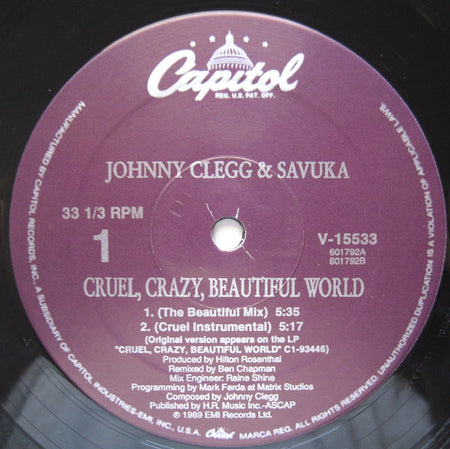 Johnny Clegg & Savuka : Cruel, Crazy, Beautiful World (12")