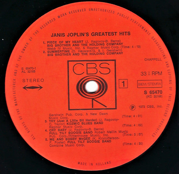 Janis Joplin : Janis Joplin's Greatest Hits (LP, Comp, Club)