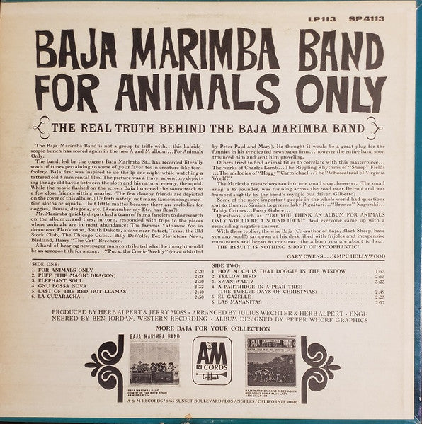 Baja Marimba Band : For Animals Only (LP, Album, Mon)