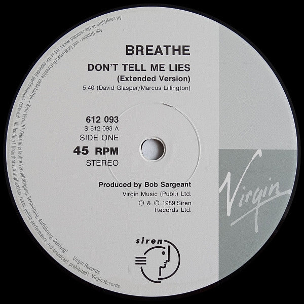 Breathe (3) : Don't Tell Me Lies (12")