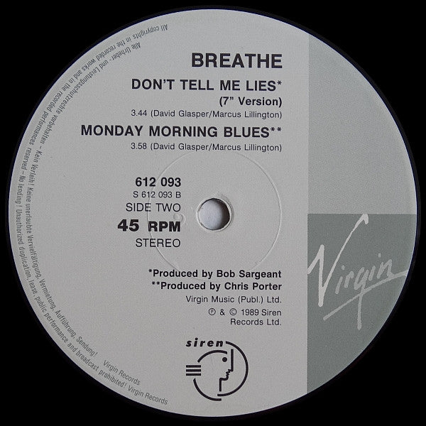 Breathe (3) : Don't Tell Me Lies (12")