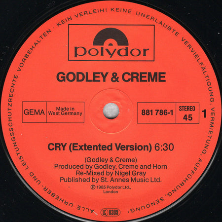 Godley & Creme : Cry (Extended Remix) (12", Maxi)
