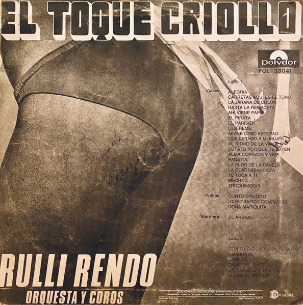 Rulli Rendo, Orquesta y Coros : El Toque Criollo (LP, Album, P/Mixed)