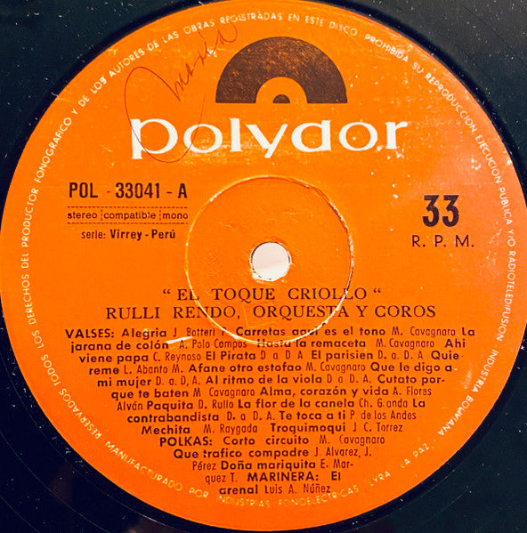 Rulli Rendo, Orquesta y Coros : El Toque Criollo (LP, Album, P/Mixed)