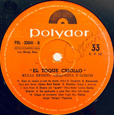 Rulli Rendo, Orquesta y Coros : El Toque Criollo (LP, Album, P/Mixed)