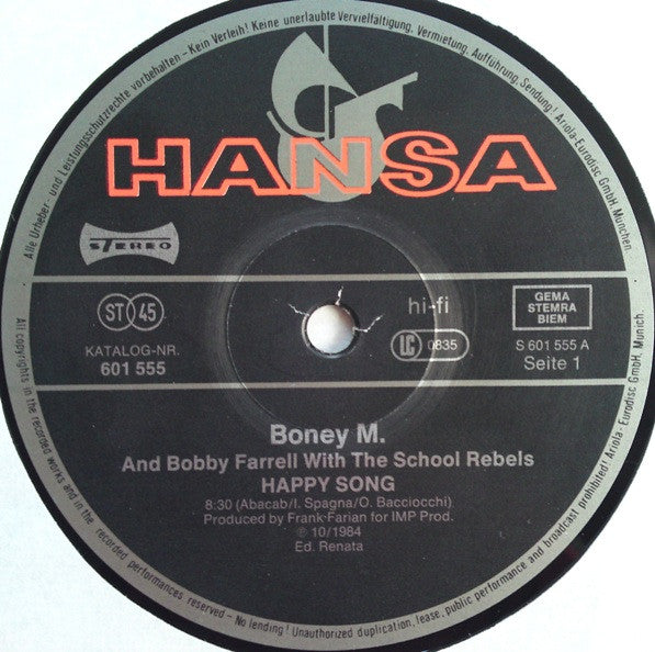 Boney M. And Bobby Farrell With The School Rebels : Happy Song (Clubmix) (12", Maxi, Bar)