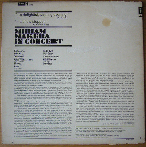 Miriam Makeba : In Concert (LP, Album)