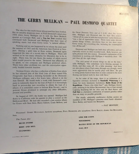 Gerry Mulligan - Paul Desmond Quartet : Gerry Mulligan - Paul Desmond Quartet (LP, Album, Mono)