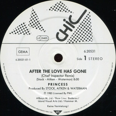 Princess : After The Love Has Gone (Chief Inspector Remix) (12", Maxi)