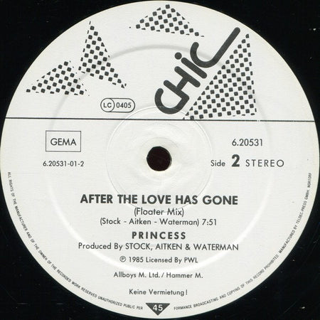 Princess : After The Love Has Gone (Chief Inspector Remix) (12", Maxi)