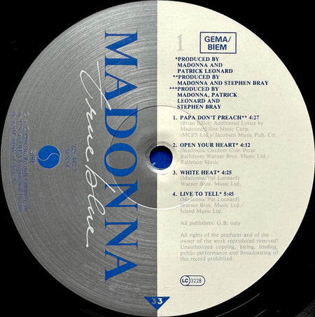 Madonna : True Blue (LP, Album, R/S)