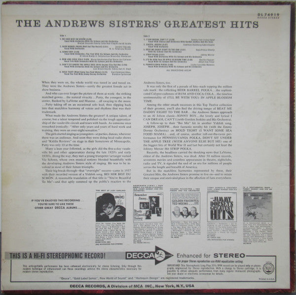 The Andrews Sisters : The Andrews Sisters' Greatest Hits (LP, Comp, Glo)