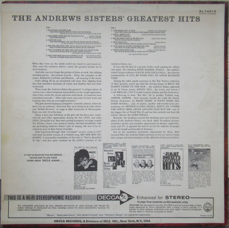The Andrews Sisters : The Andrews Sisters' Greatest Hits (LP, Comp, Glo)