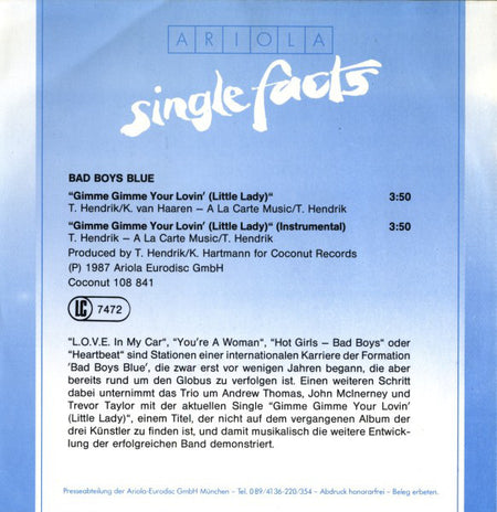Bad Boys Blue : Gimme Gimme Your Lovin' ›Little Lady‹ (7", Single, RP)