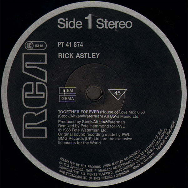 Rick Astley : Together Forever (House Of Love Mix) (12", Maxi)