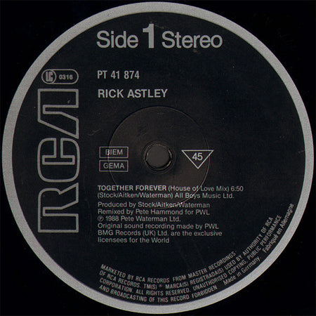 Rick Astley : Together Forever (House Of Love Mix) (12", Maxi)