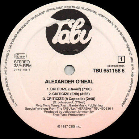 Alexander O'Neal : Criticize (Special 12" Mixes) (12", Maxi)