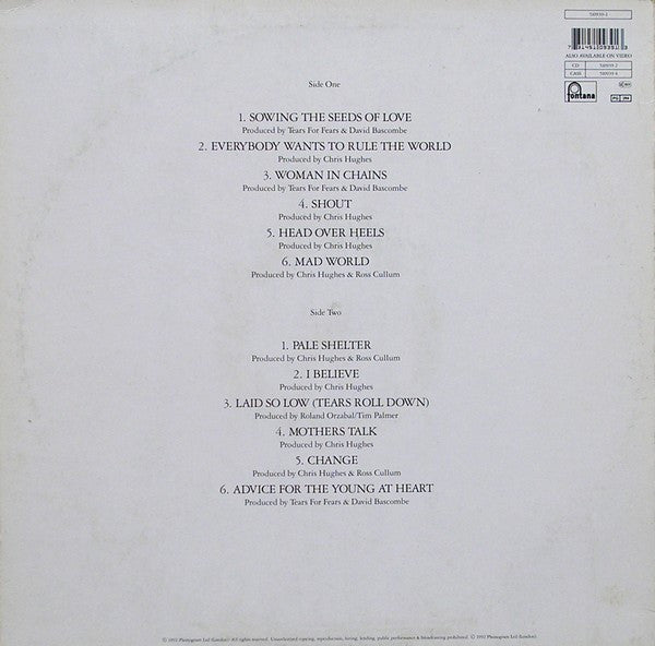 Tears For Fears : Tears Roll Down (Greatest Hits 82-92) (LP, Comp)