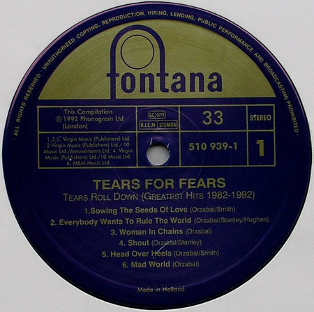 Tears For Fears : Tears Roll Down (Greatest Hits 82-92) (LP, Comp)