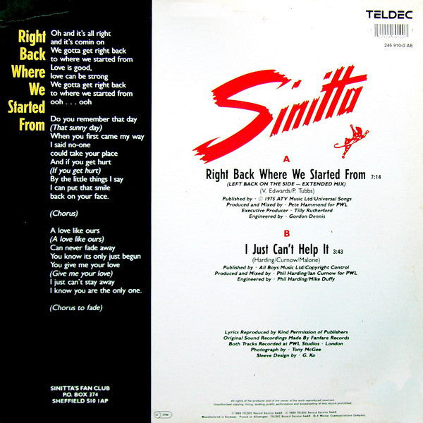 Sinitta : Right Back Where We Started From (12")