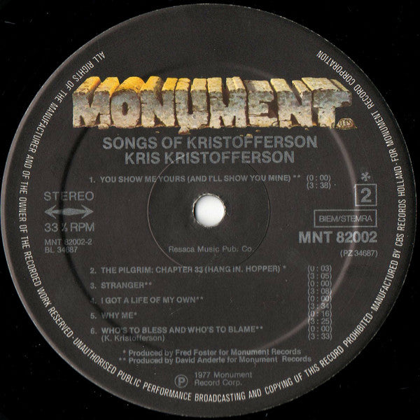 Kris Kristofferson : Songs Of Kristofferson (LP, Comp, Bla)