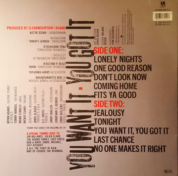 Bryan Adams : You Want It, You Got It (LP, Album, RE, Whi)
