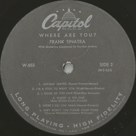 Frank Sinatra With Gordon Jenkins And His Orchestra : Where Are You? (LP, Album, Mono, M/Print, Scr)